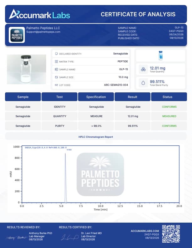 GLP1 5mg/10mg Research Peptide | GLP-1 Agonist | Metabolic & Diabetes Research | COA Verified certificate of analysis - Palmetto Peptides