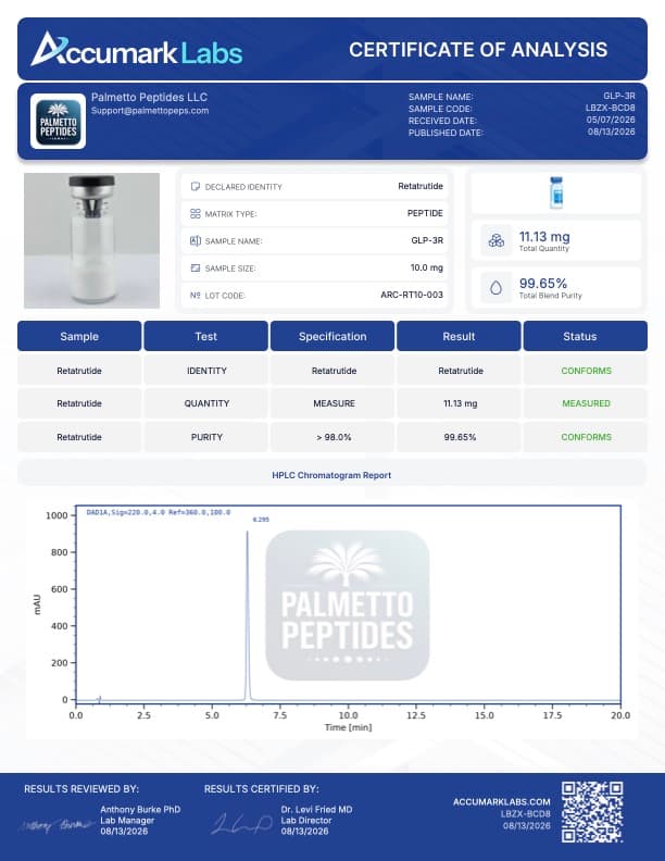 GLP3 10mg/20mg Research Peptide | Triple Agonist | Metabolic & Weight Loss Research | COA Verified certificate of analysis - Palmetto Peptides