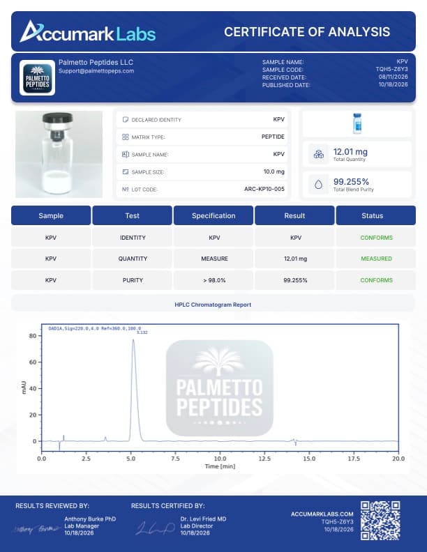 KPV 10mg Tripeptide Research Peptide certificate of analysis - Palmetto Peptides